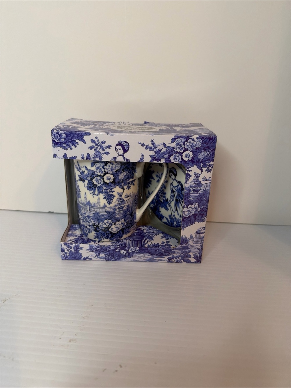 Kent Pottery Blue Country Toile Porcelain 10oz Mug & Lid/Coaster Set New in Box
